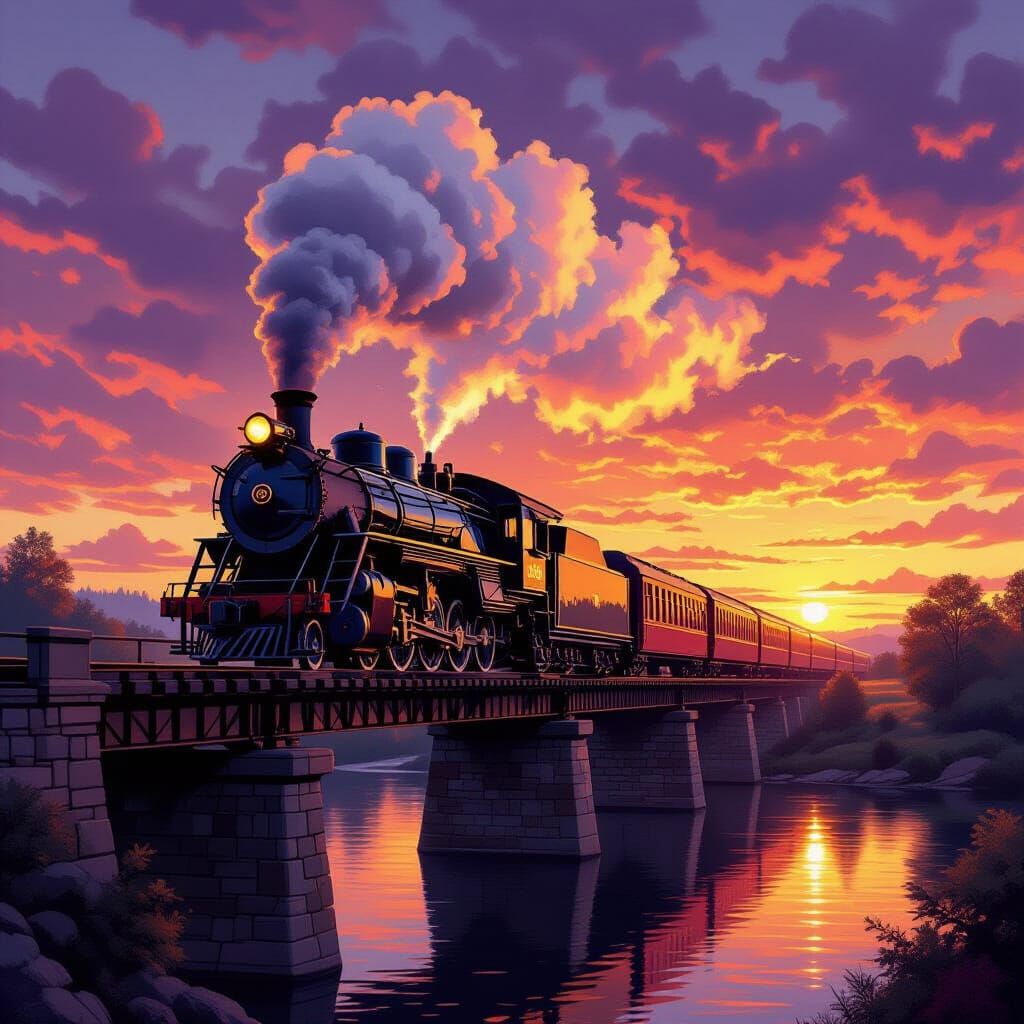 Steam Train on Stone Bridge at Golden Sunset
