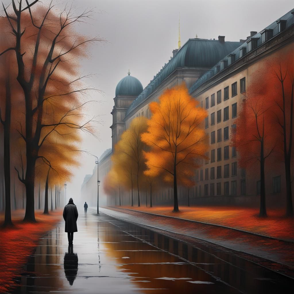 Realistic Painting: Lonely Figure in Autumnal Berlin