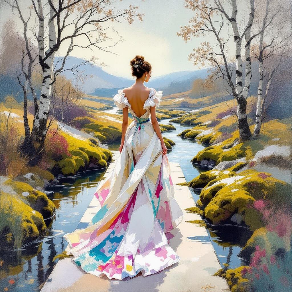 Fashionista in Scandinavian Landscape, Impressionist Style