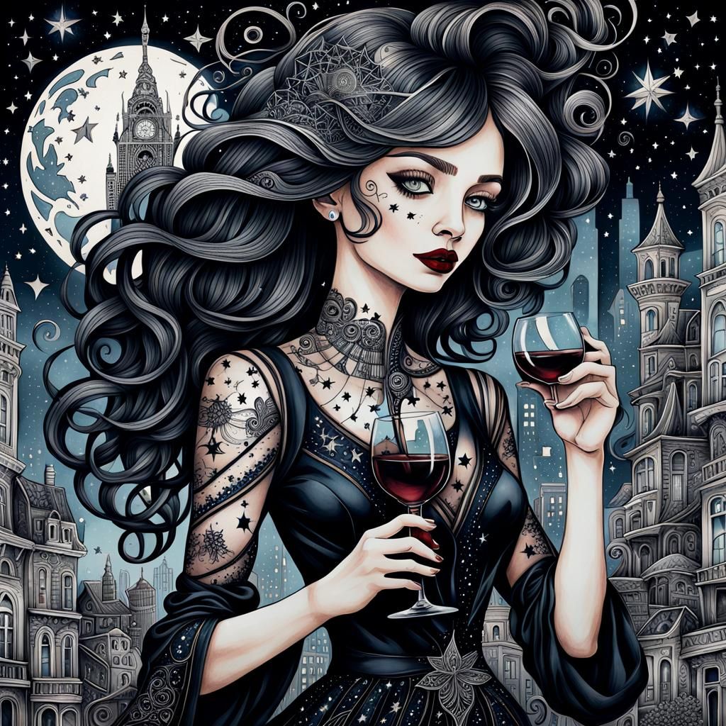 Zentangle-style artwork, In the style of Realistic drawing,a woman dressed in an all black dress holding a wine glass, h...