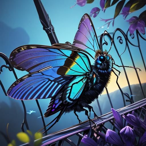 Surreal Thunderlight Bug Perched on Ornate Fence
