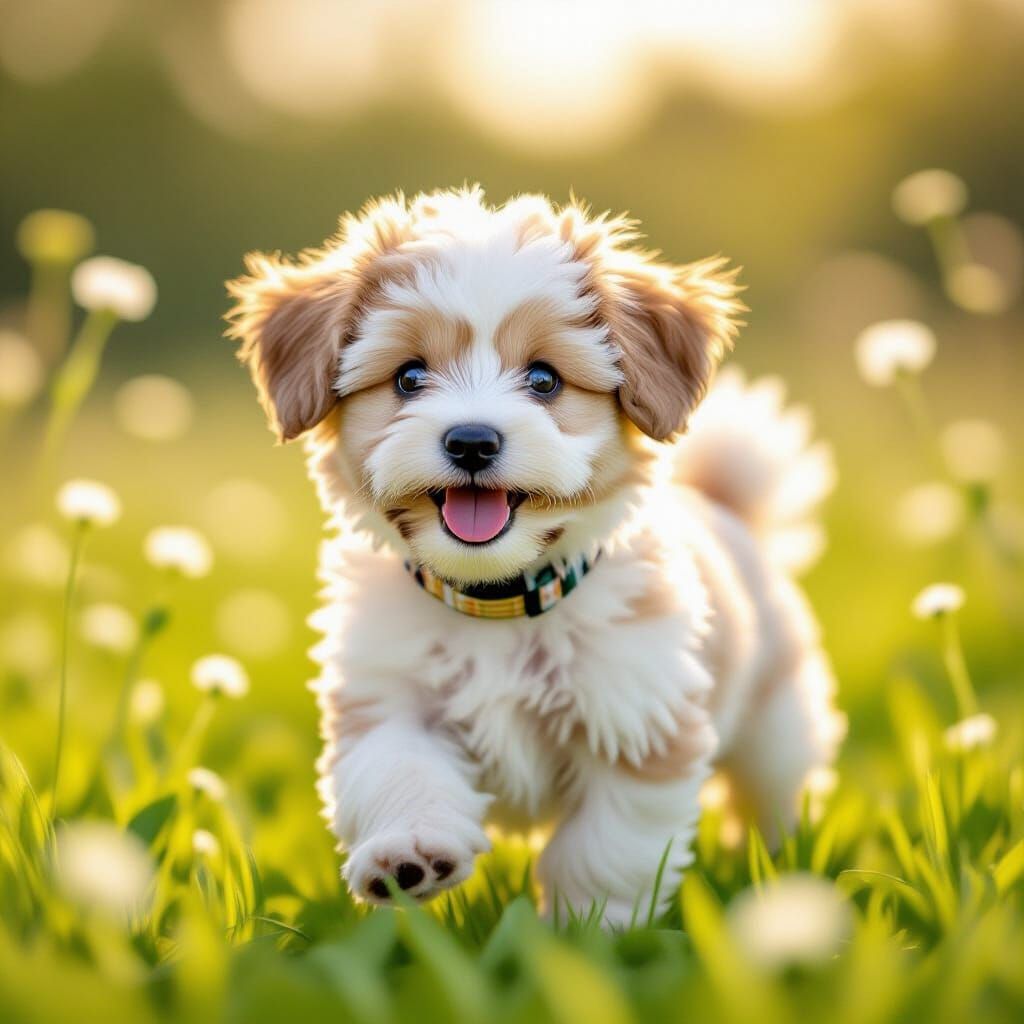 Bichon Corgi Puppy in Sunny Meadow, Storybook Style