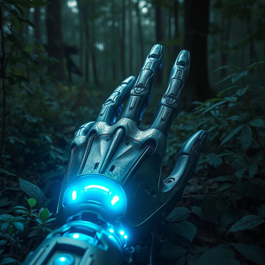 Distressed Android Hand in Neon-Lit Forest