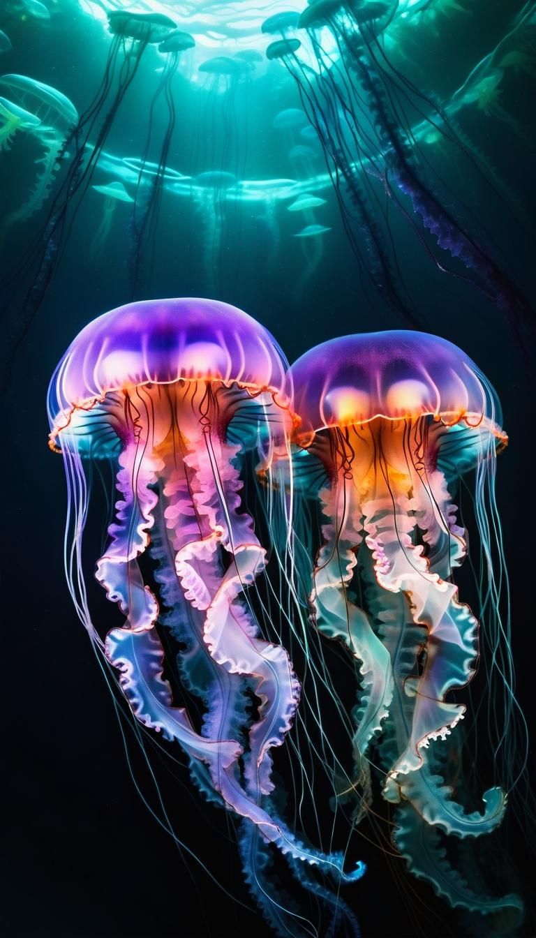Iridescent Abyssal Jellyfish in Double Exposure Photo