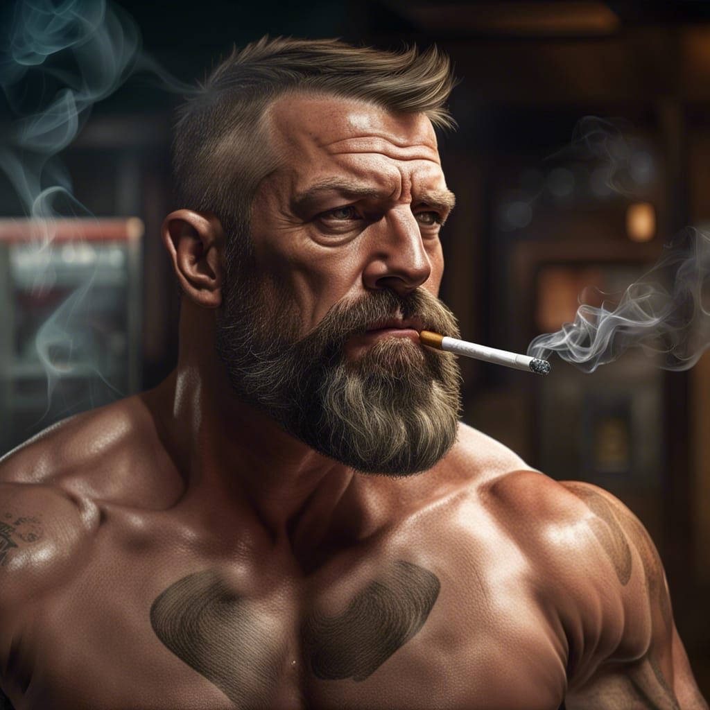 Hyperrealistic Bodybuilder Smoking in a Bar