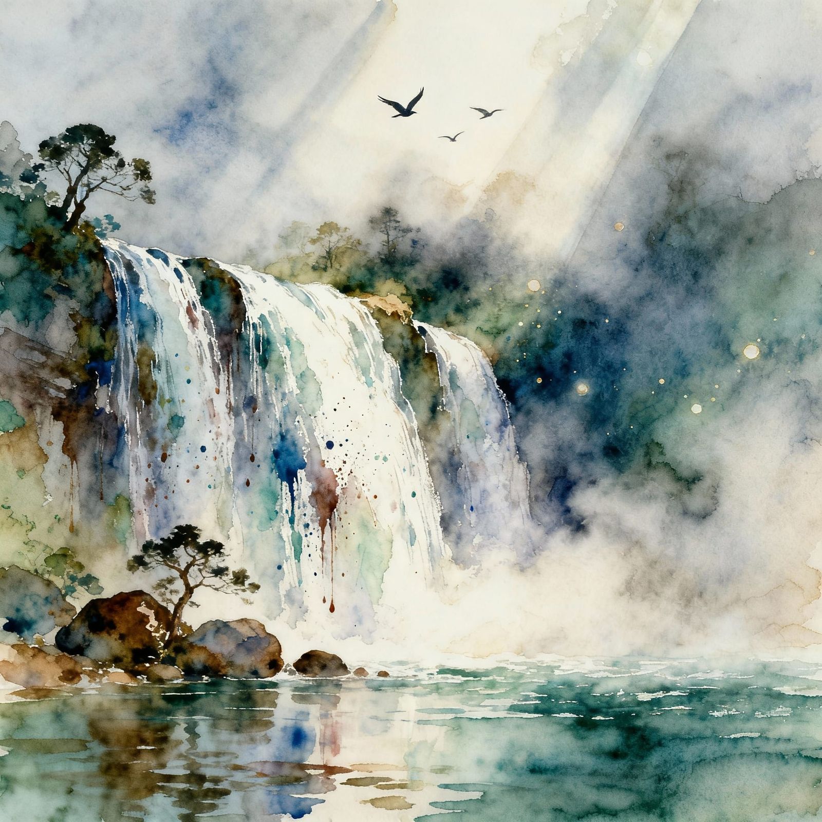 Abstract Watercolor Waterfall with Birds and Reflections