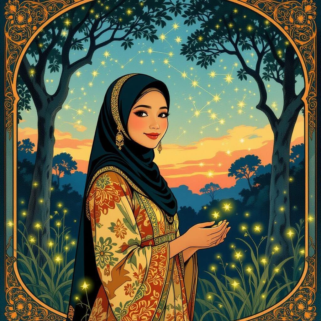 Malay Woman with Fireflies in Art Nouveau Style