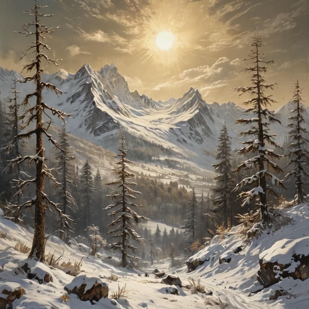 Snow-Capped Mountains: Lithograph and Oil Painting Hybrid