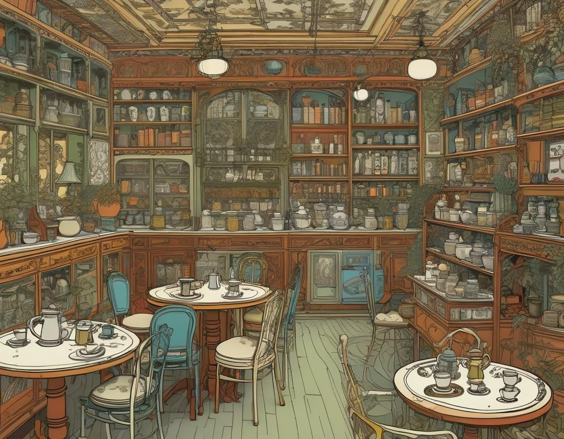 Intricate Tea Shop Scene in Entangled Style