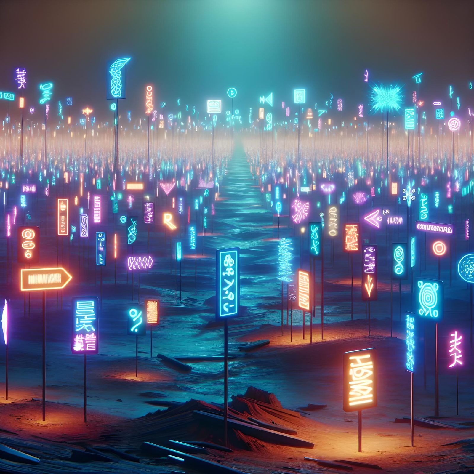 Dreamscape: Neon Signs Illuminate Barren Landscape