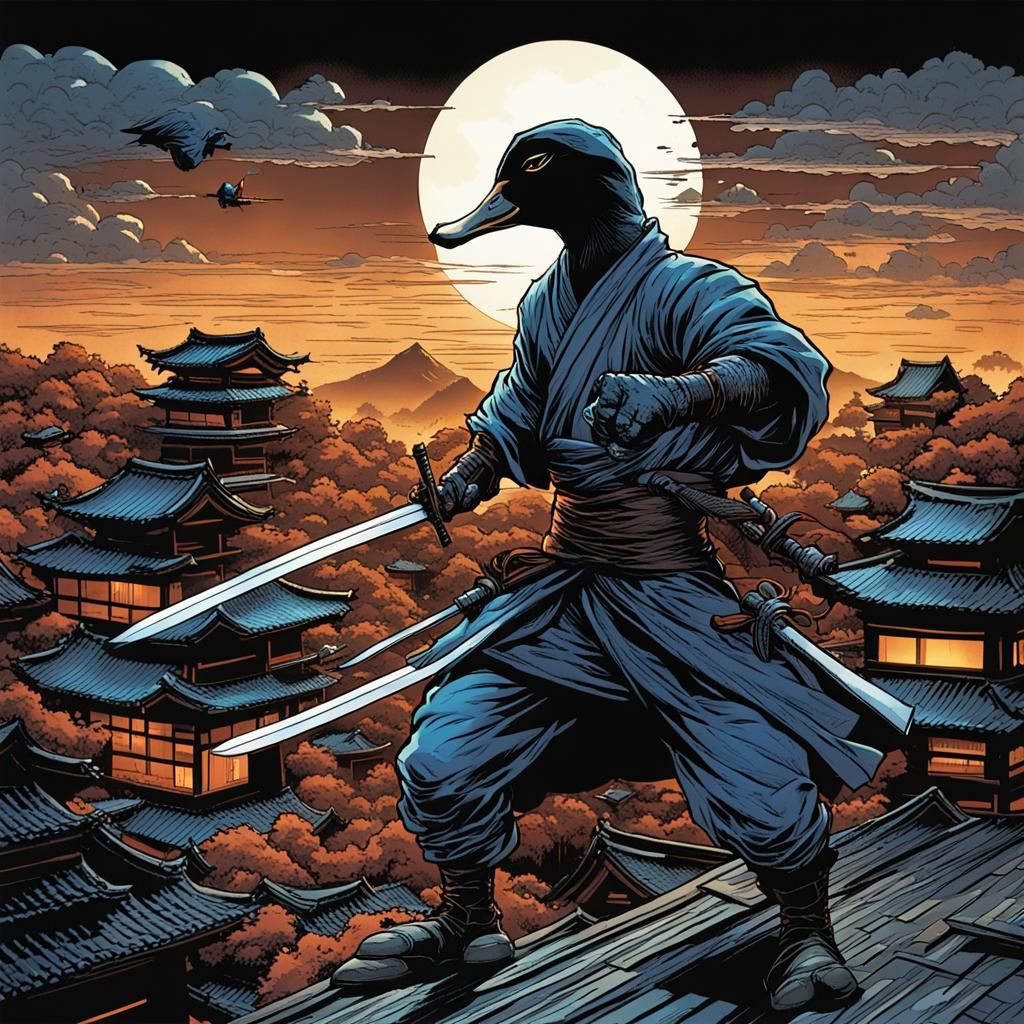 Ninja Duck Creeping Across Rooftops: Comic Book Art