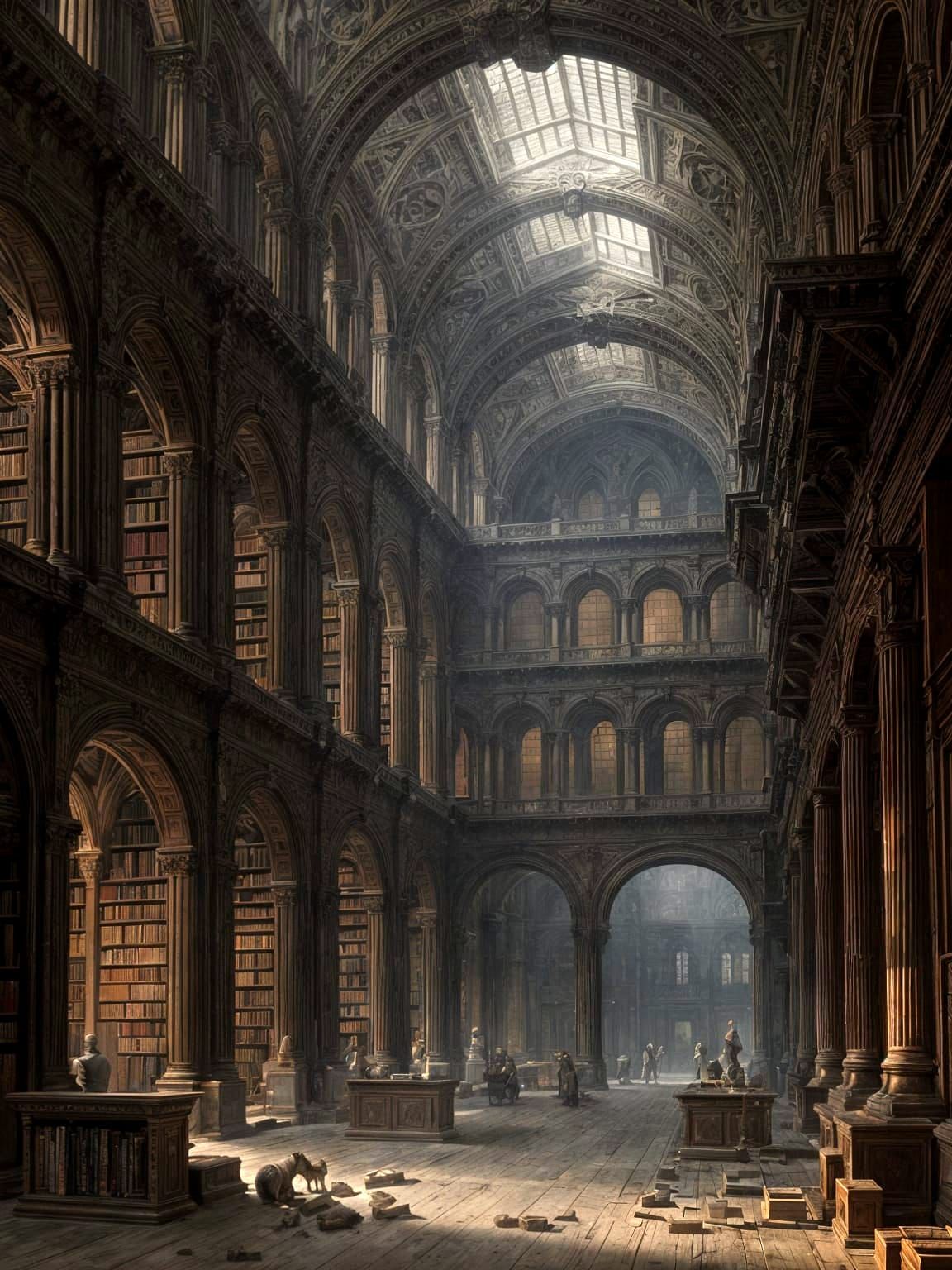 Forgotten Grand Library Interior in Chiaroscuro Style