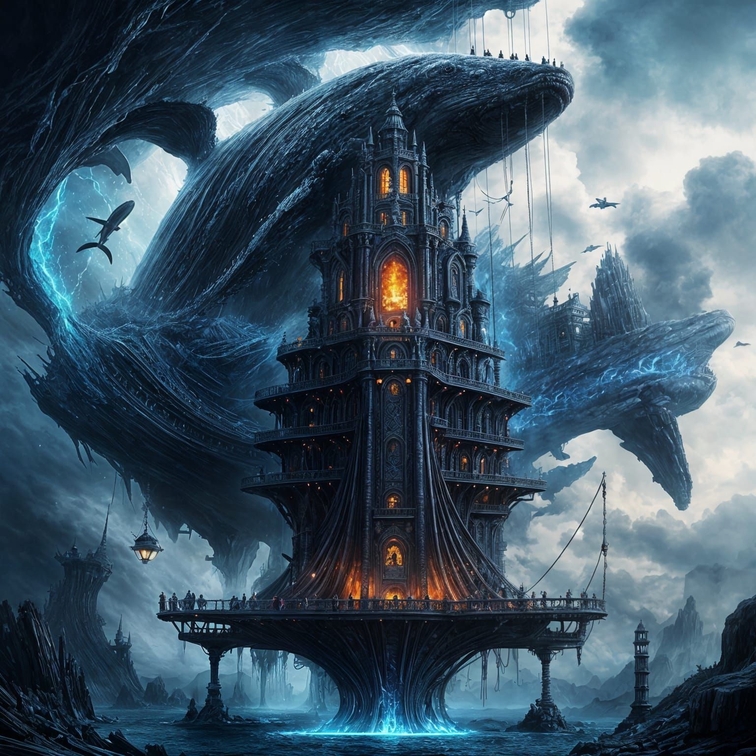 Whale Dark Tower in Surreal Digital Art Style