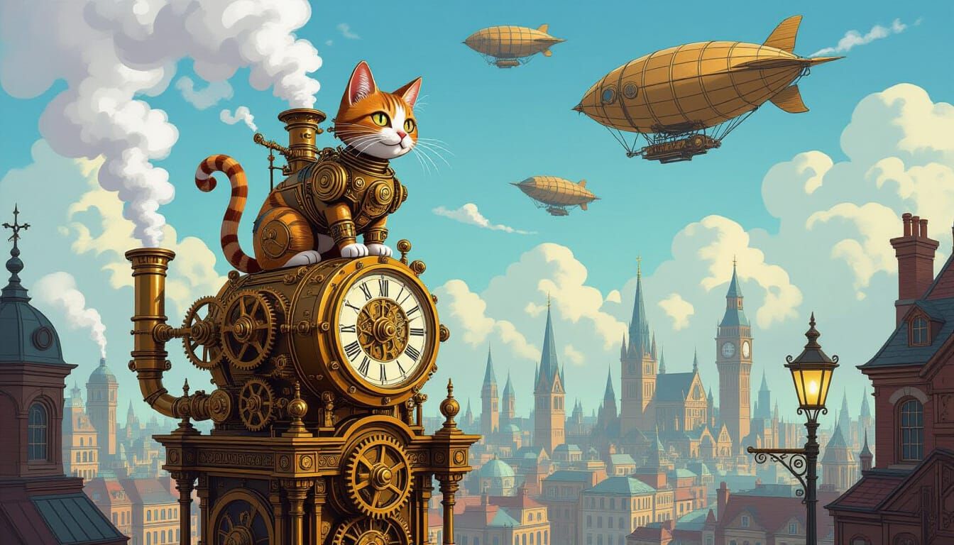 Steampunk Automaton Cat on Clockwork Tower