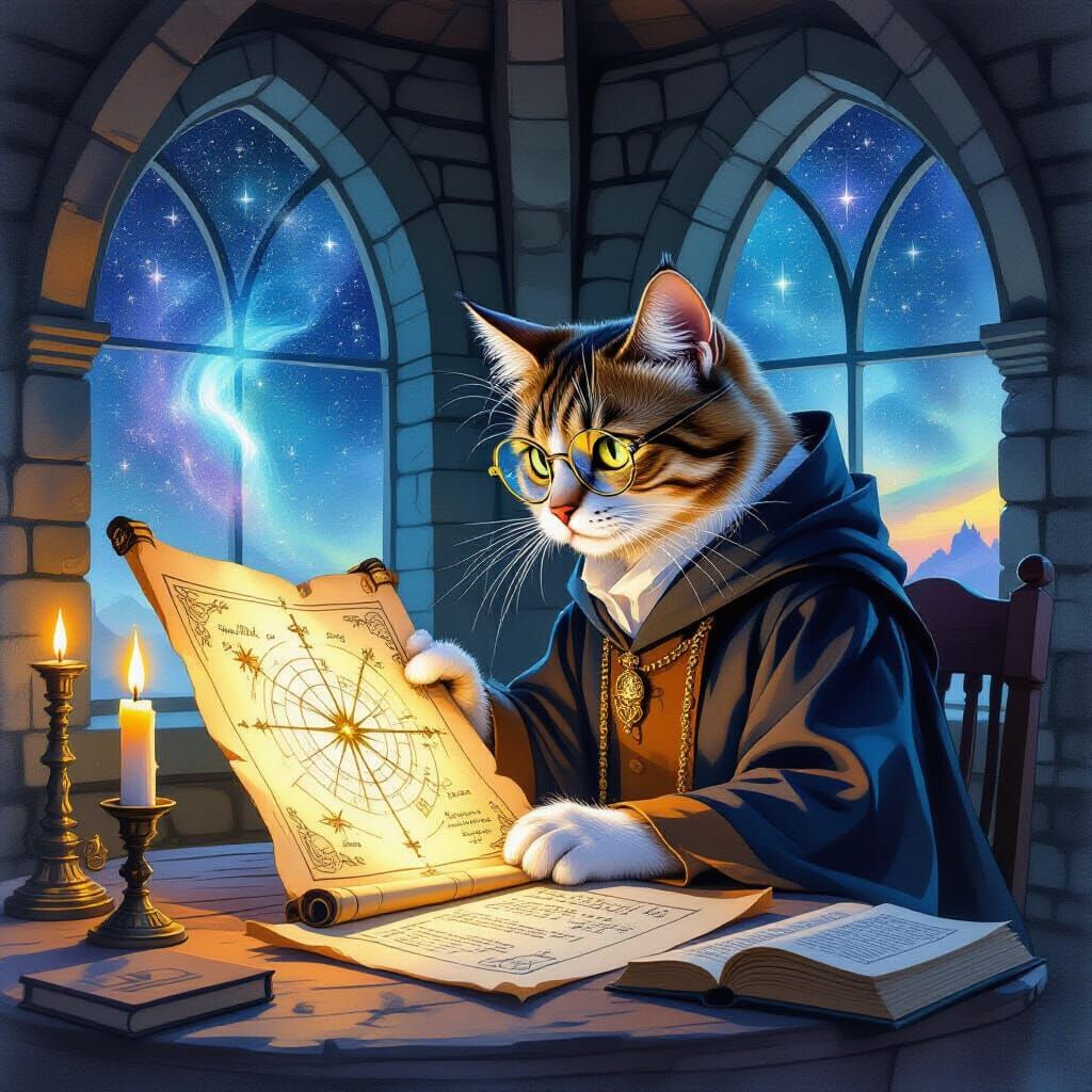 Scholarly Cat Studies Glowing Map in Candlelit Observatory