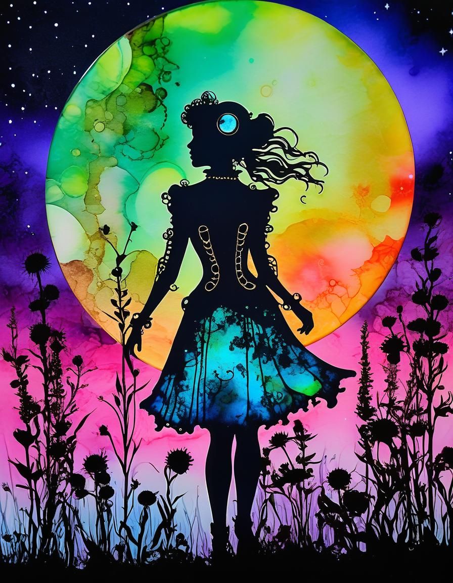 Neon Steampunk Moon Maidens in Alcohol Ink Style