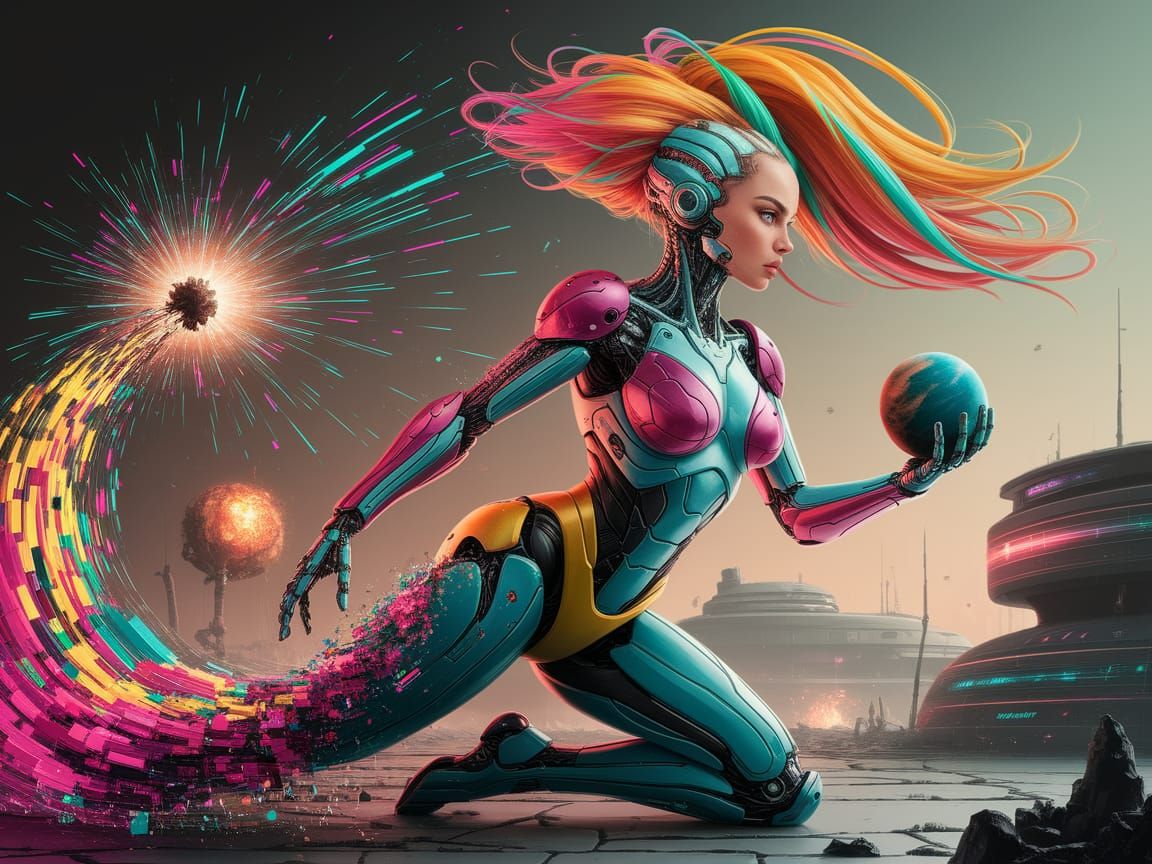 Alien Cyborg in Futuristic Battlefield, Vaporwave Art