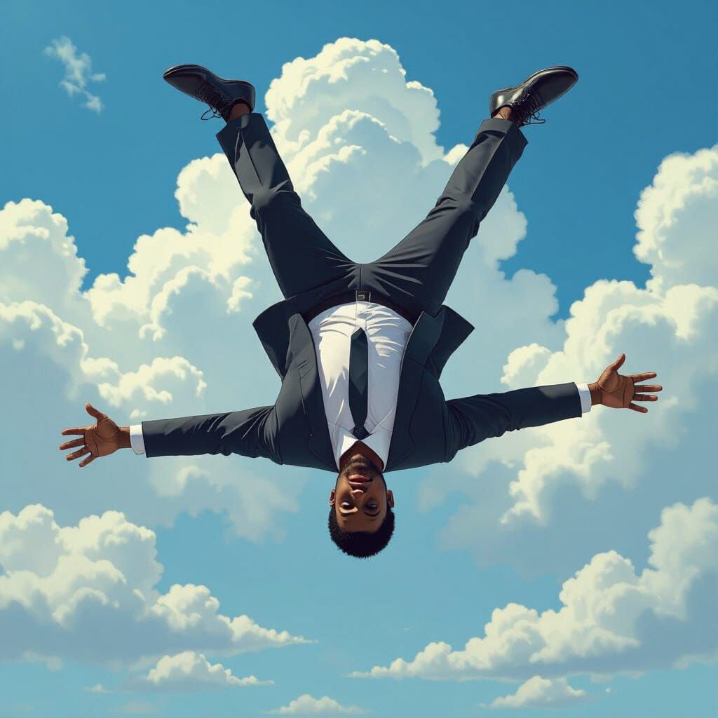 Upside Down Man in Suit Under Cloudy Sky