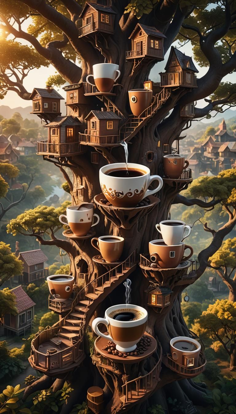 Giant Coffee Cups and Tiny Houses at Sunrise