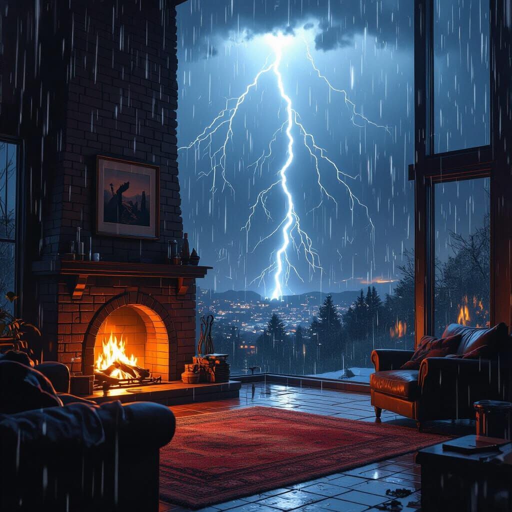 Surreal Indoor Storm in a Cozy Living Room