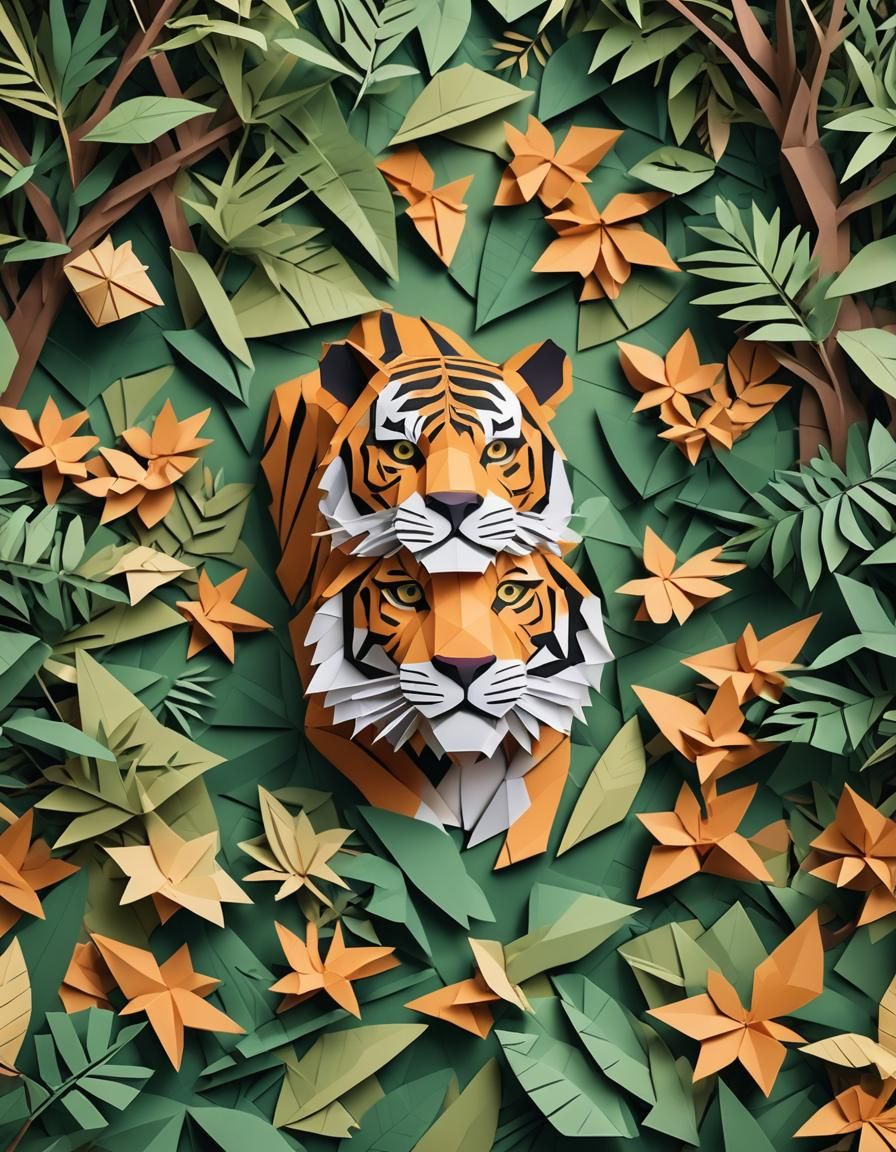 Resting Tiger in Jungle, Origami Papercraft Style