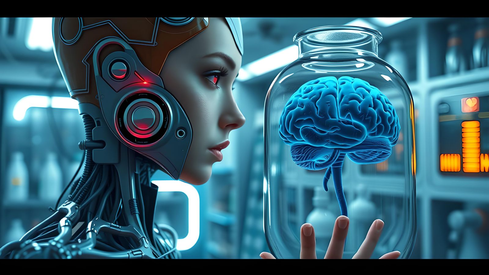Cyberpunk Cyborg Contemplates Brain in Jar