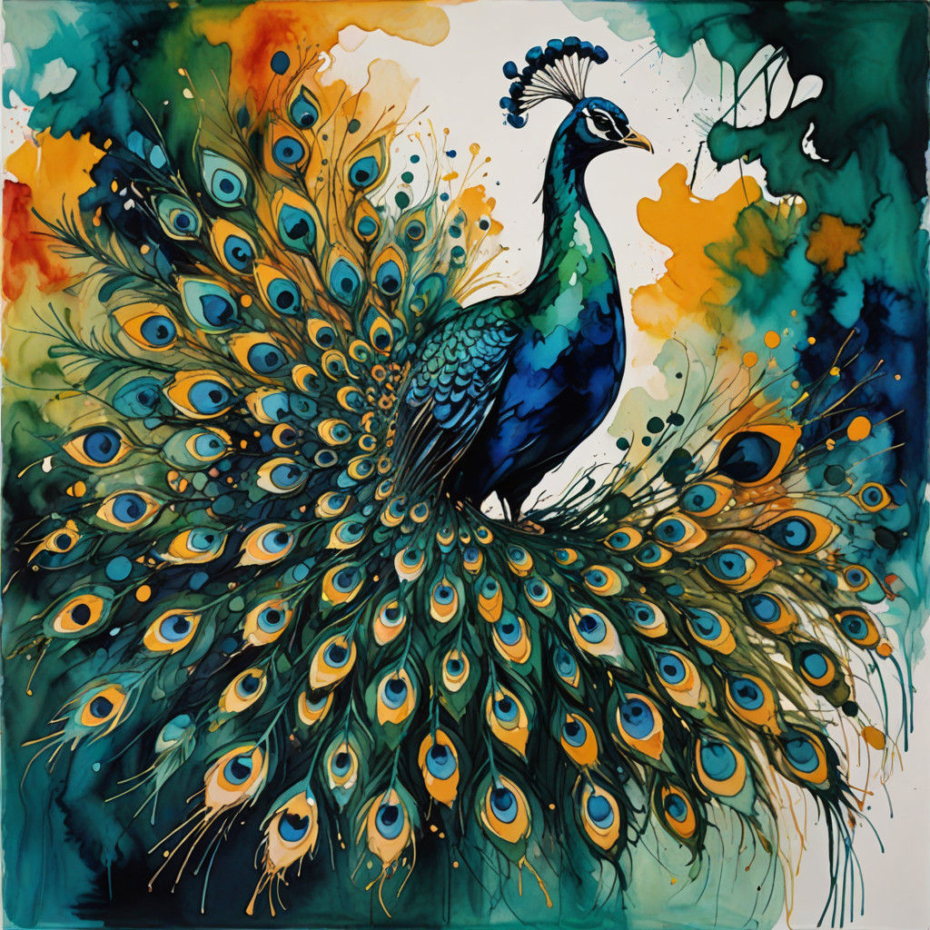 Vibrant Peacock Perches on Luxury Christmas Tree in Rich Jew...