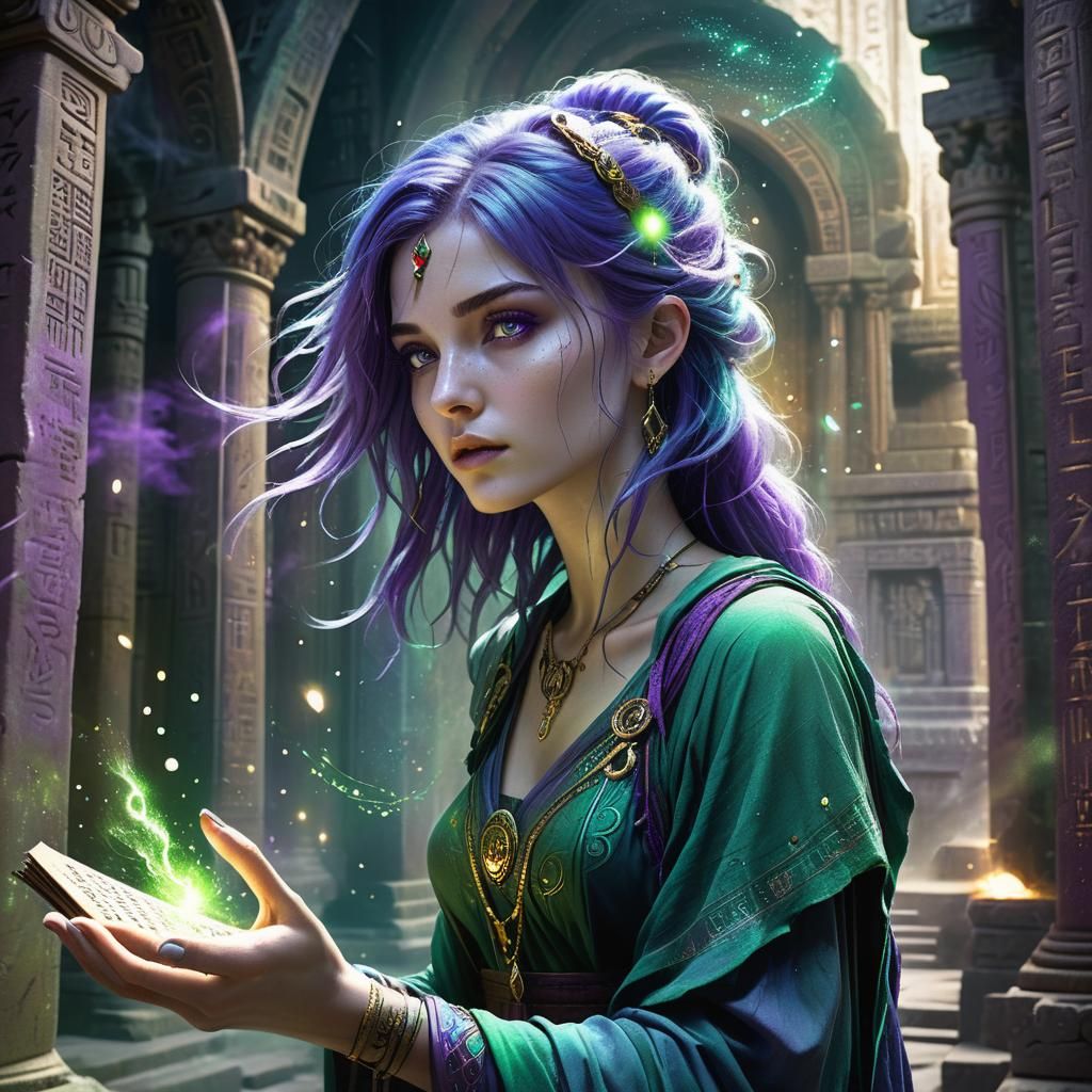 Young Sorceress Radiating Magic in Art Nouveau Style