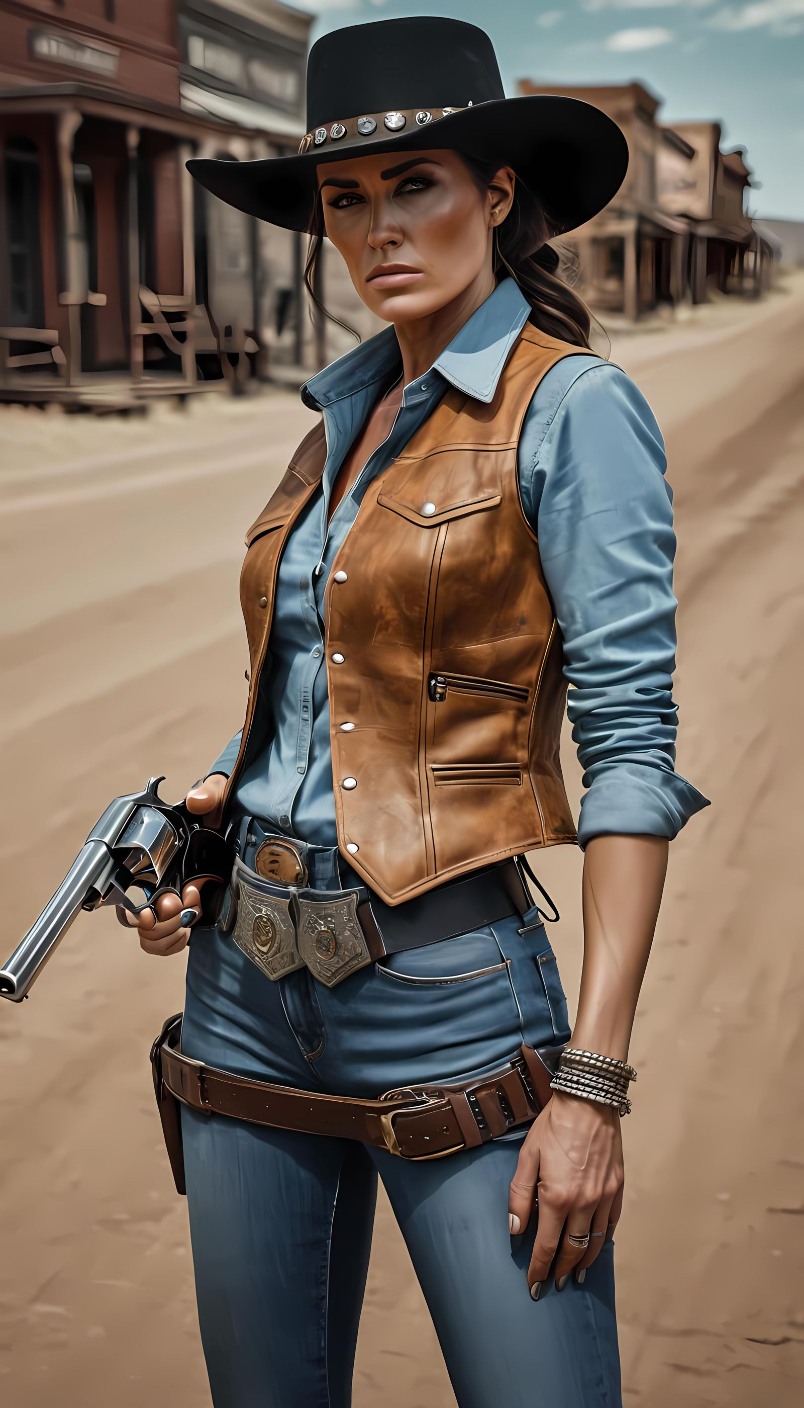 Gunslinger Woman in Old West Town, Digital Painting
