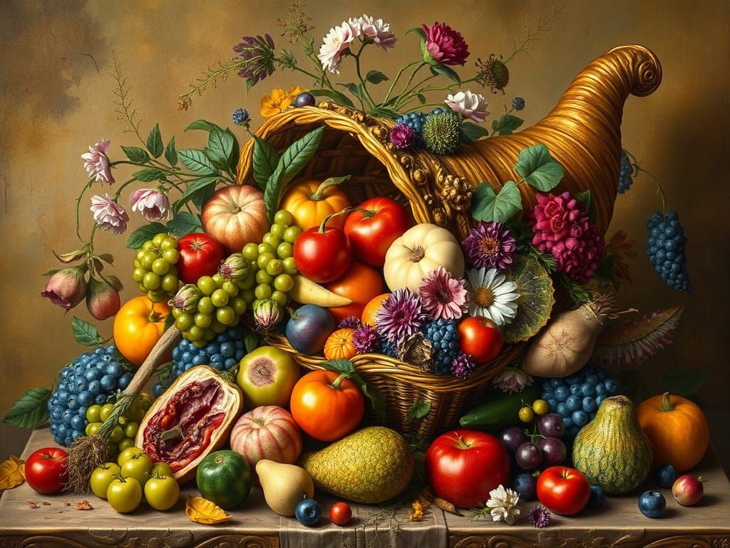 Vibrant Still Life of a Cornucopia in Gold and Earth Tones