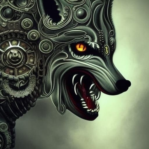Ornate Wolf with Red Eyes in Psychedelic Style