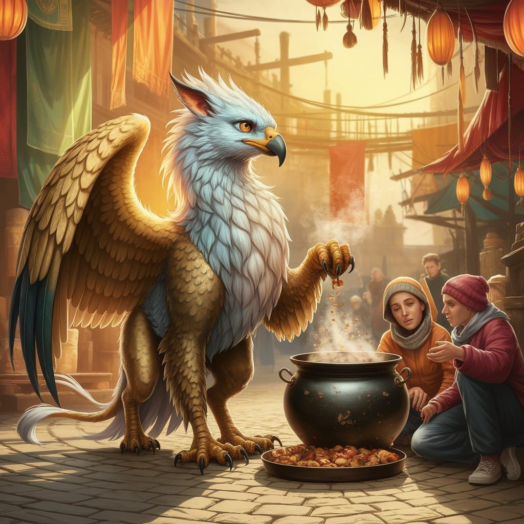Golden Griffin Dispensing Food in Ancient Marketplace