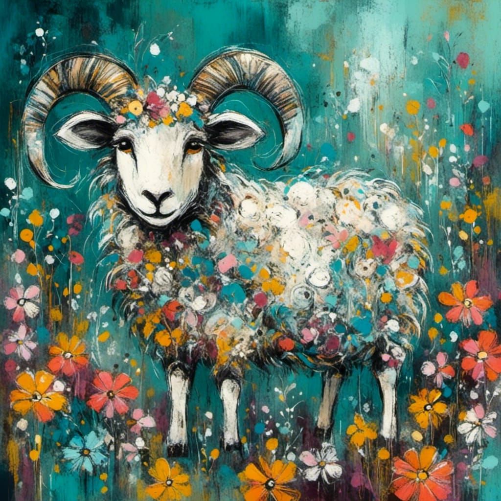 Whimsical Folk-Art Floral Sheep in Neo-Expressionism