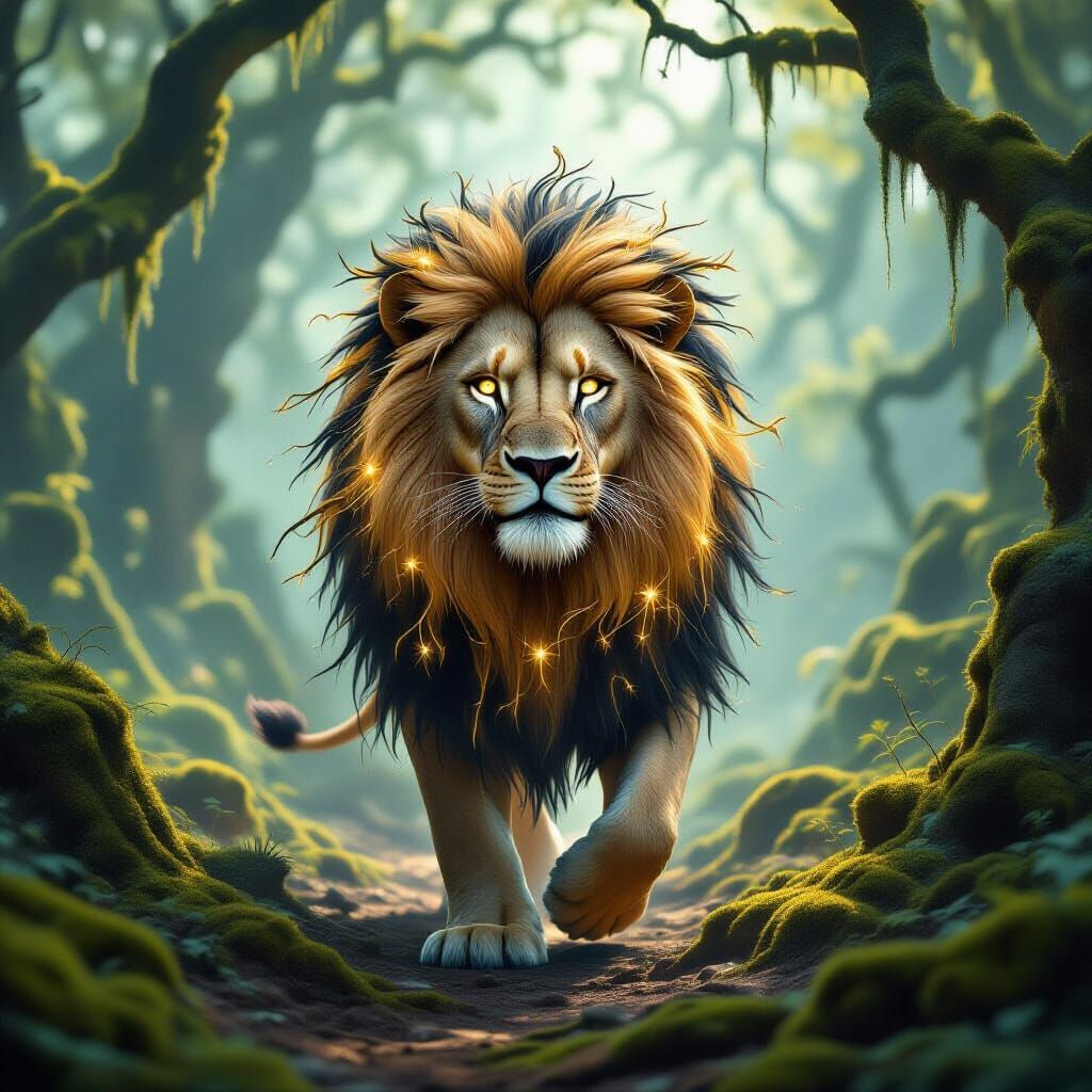 Majestic Lion in Stardust Mane, Ethereal Forest Scene