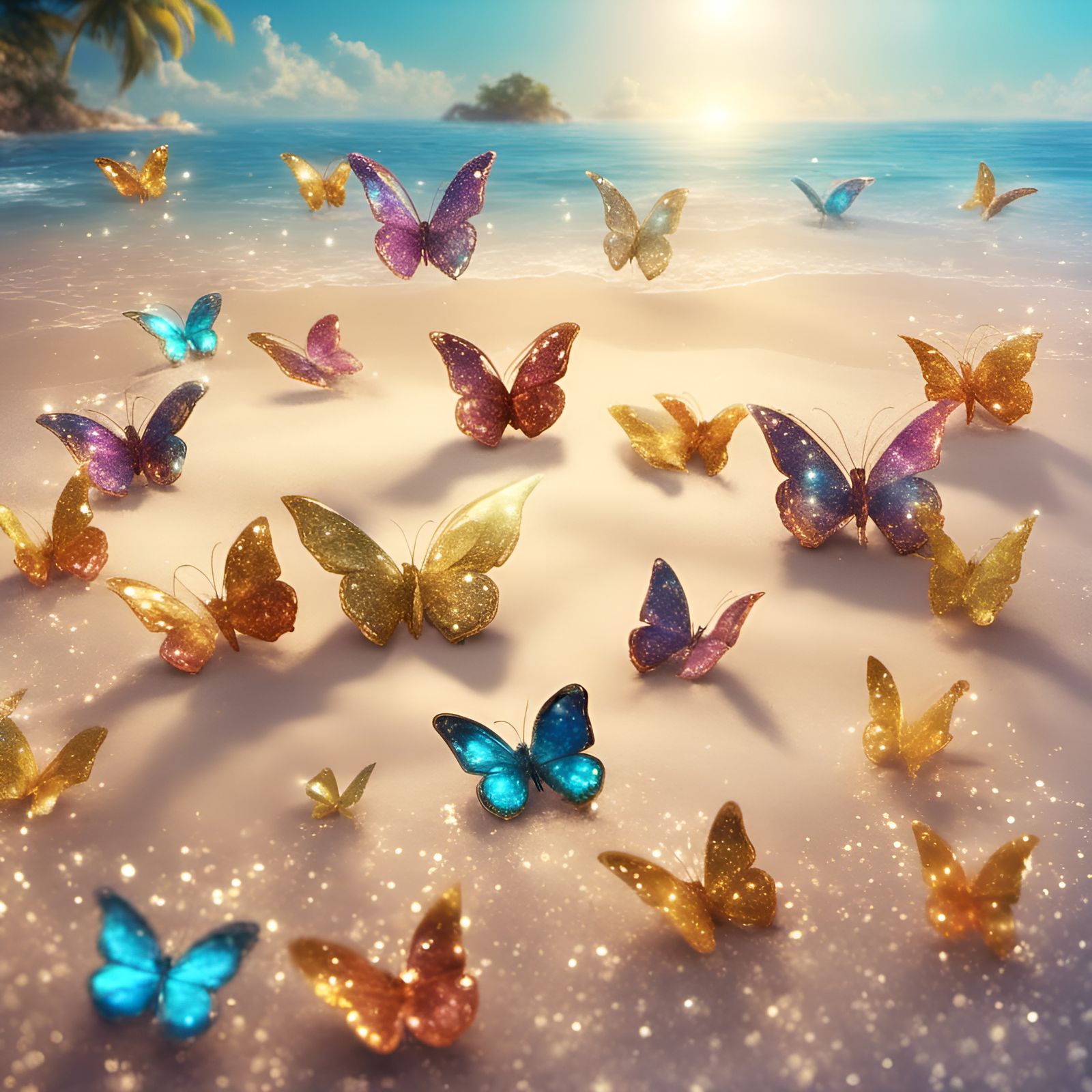 Glittery Butterflies on Tropical Beach in 3D Style