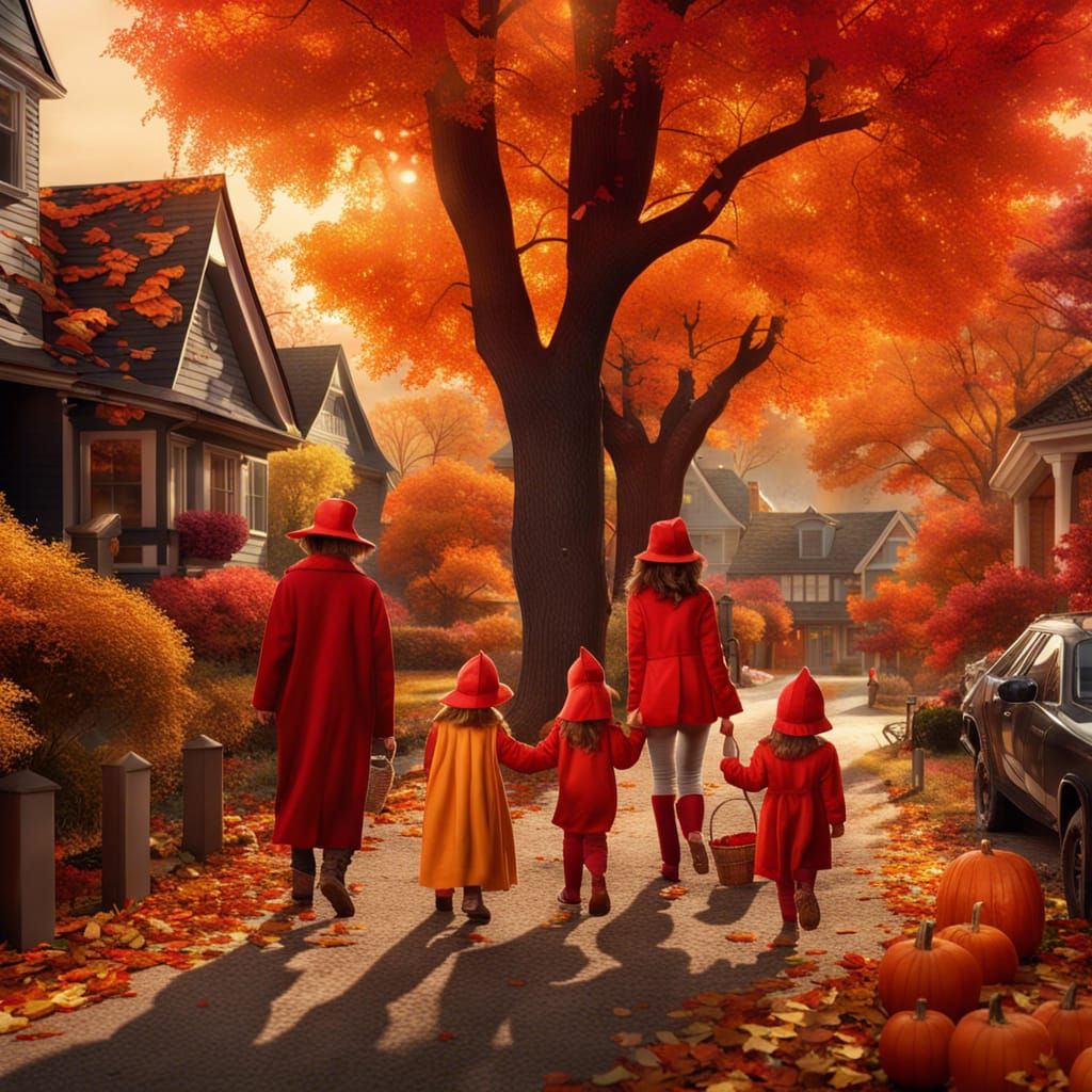 Autumn Trick-or-Treating: A Detailed Fantasy Painting