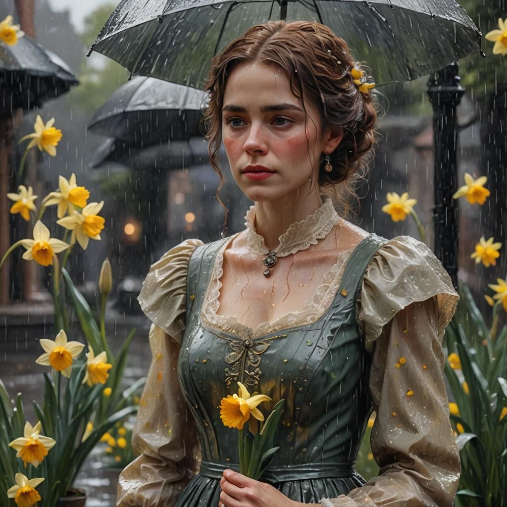 Victorian Woman in Rain: 3D Oil Painting