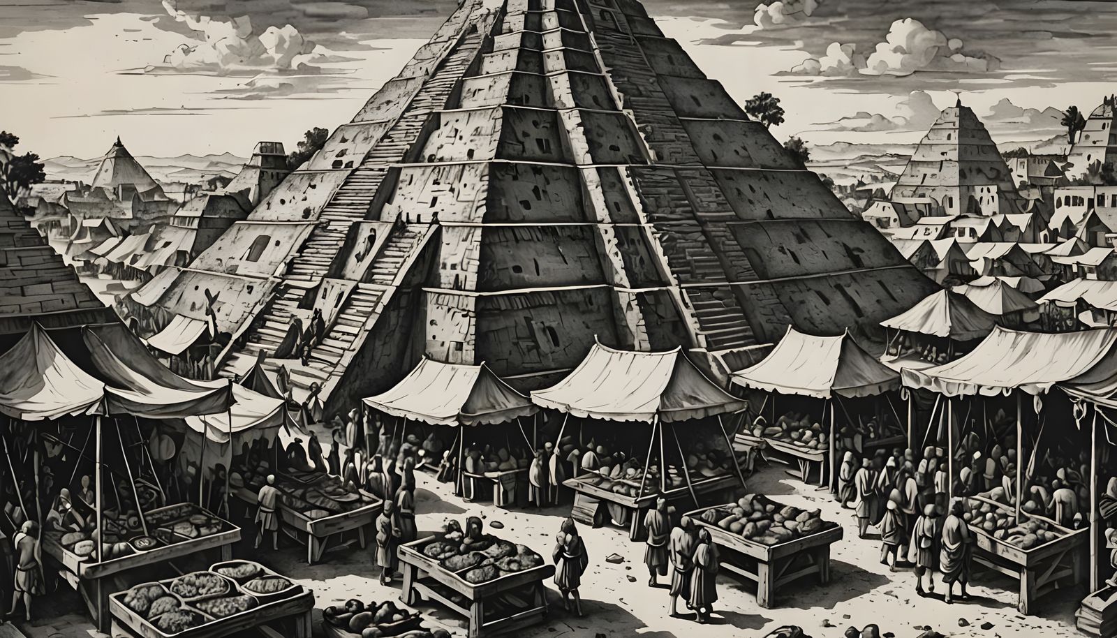 Ancient Market Scene Below an Aztec Pyramid