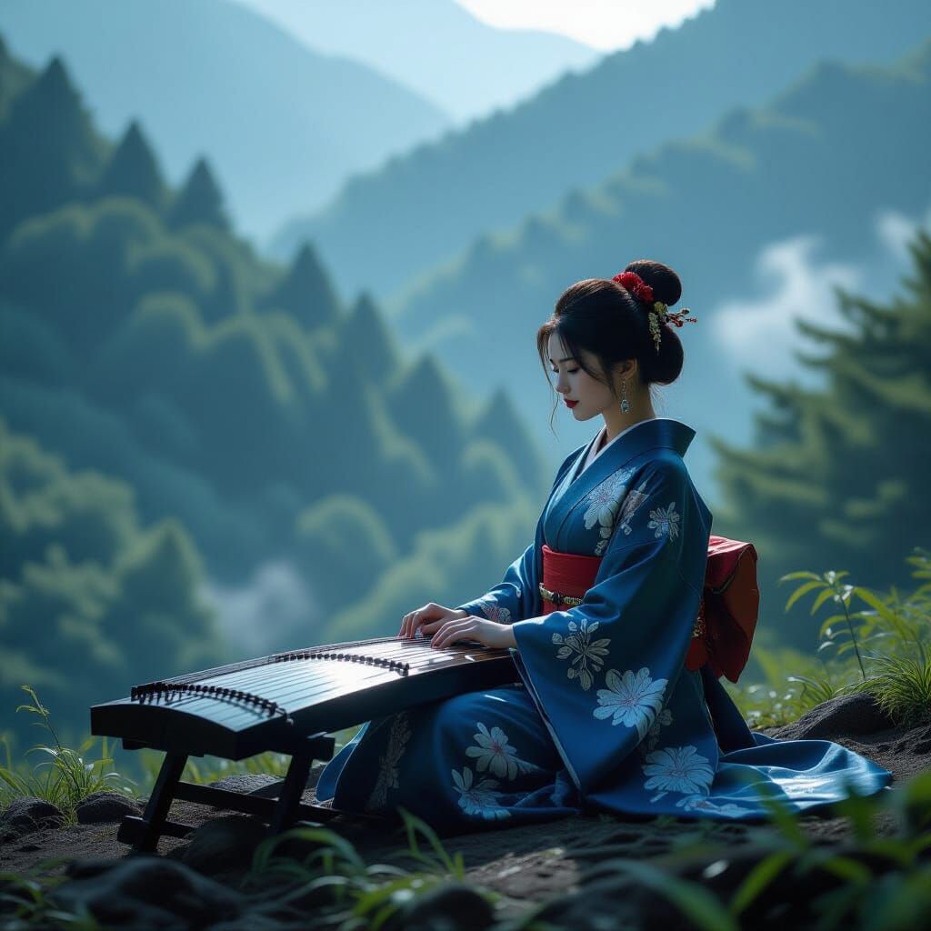 Serene Koto Player in Misty Japanese Alps