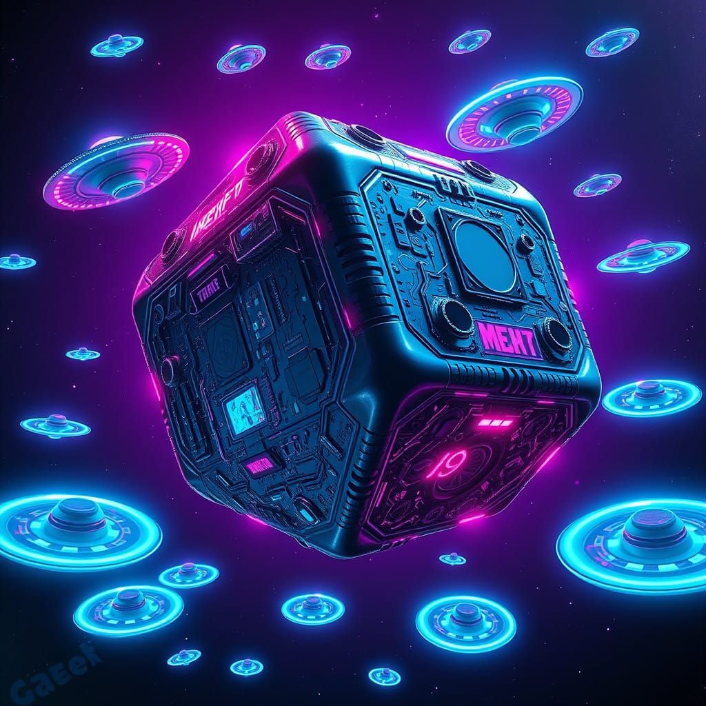 Gleaming Metallic Dice Planetoid Adrift in Neon Space