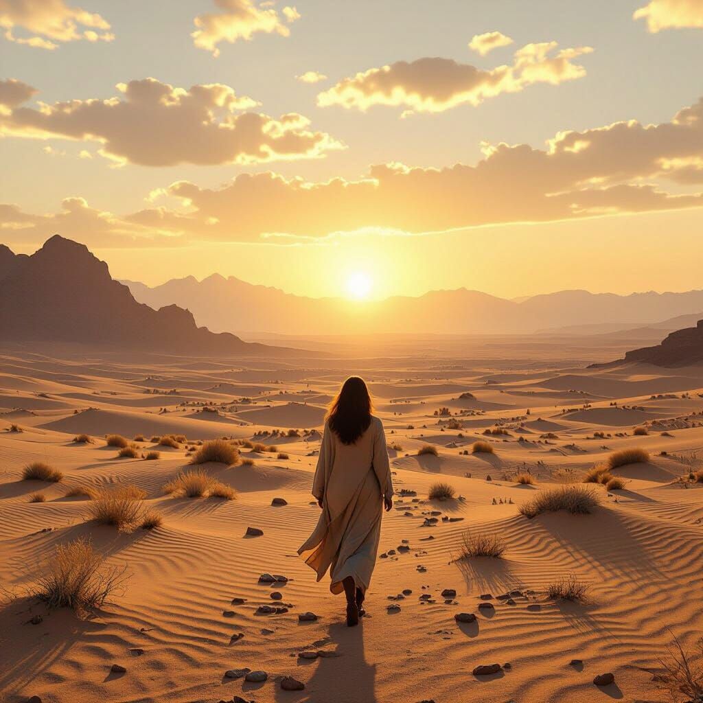 Woman Walks in Golden Sunrise Desert Landscape
