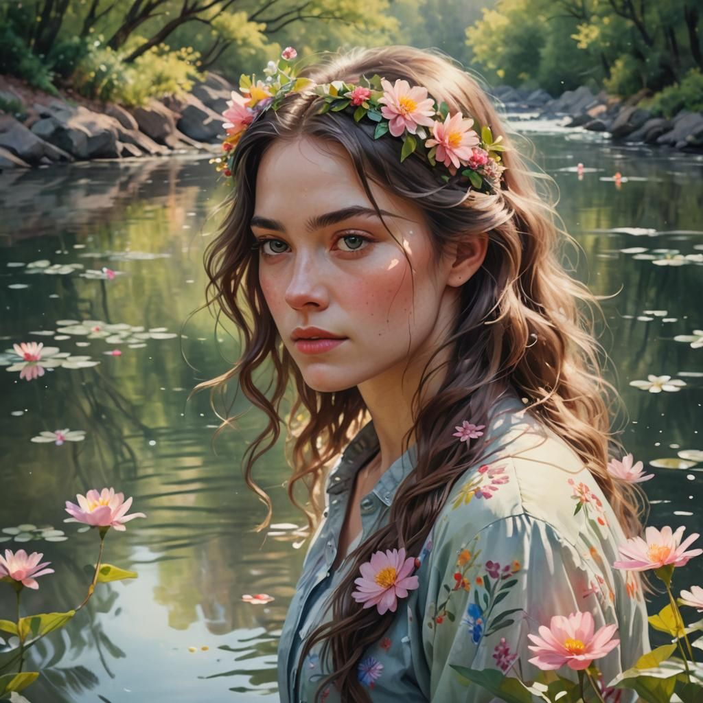 Woman Reflecting in River with Floral Hair