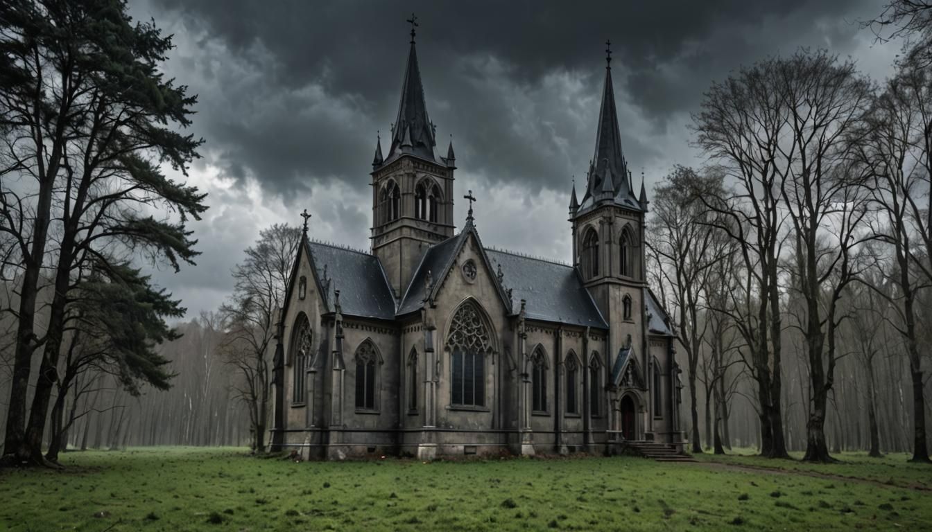 Gothic Chapel in Stormy Countryside