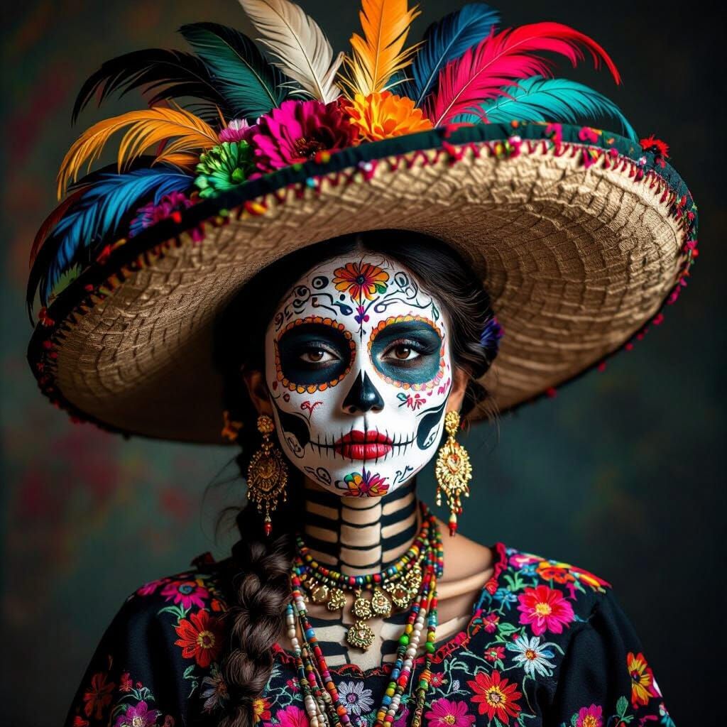 Skeleton Woman in Feathered Hat with Day of the Dead Face Pa...