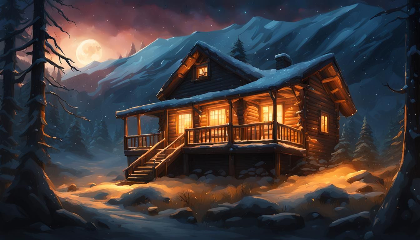 Winter Blizzard Night in Mountain Valley Cabin
