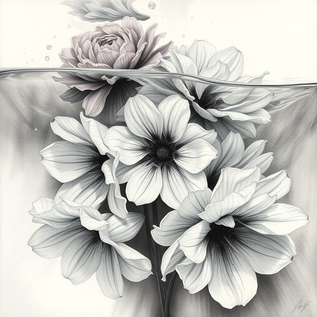 Submerged Flowers: Hyperdetailed Charcoal Drawing