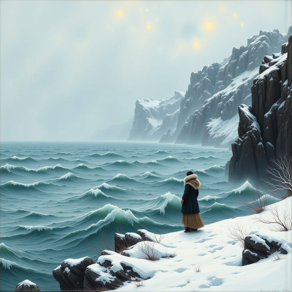 Icy Winter Waves: Woman on a Rocky Coastline