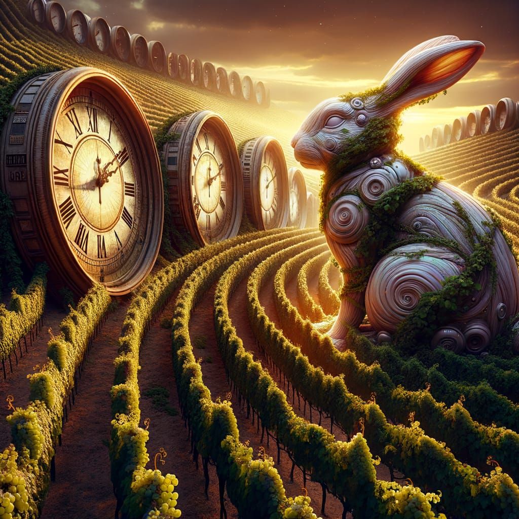 Surreal Easter Bunny Reigns in a Vineyard of Timeless Clocks