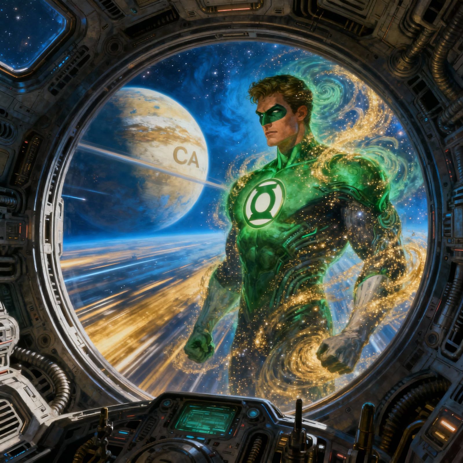 Cosmic Green Lantern Emerges from Dust, Epic Fantasy Concept...