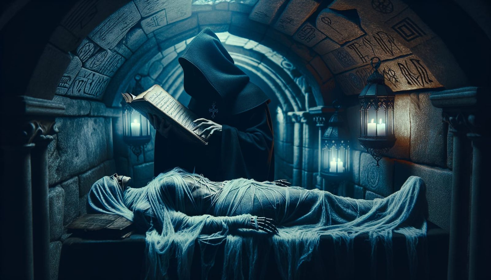 Hooded Figure Studies Necromancy in Crypt